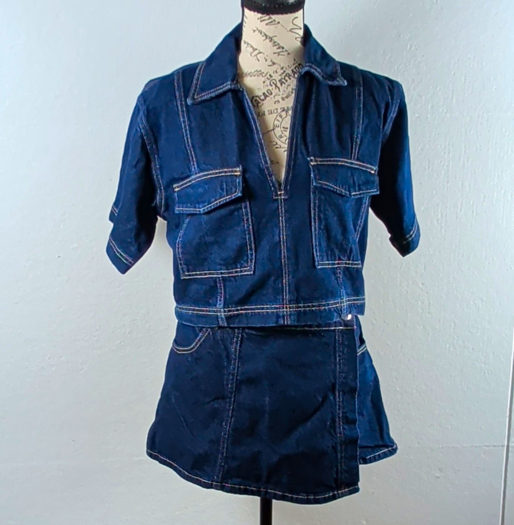 Zara Denim Two Piece Set Crop Shirt Small Wrap Skort Medium Z1975 Co Ord Blue